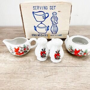 Vintage Poinsettia Ceramic Salt Pepper Shakers Cream Sugar Bowl Set